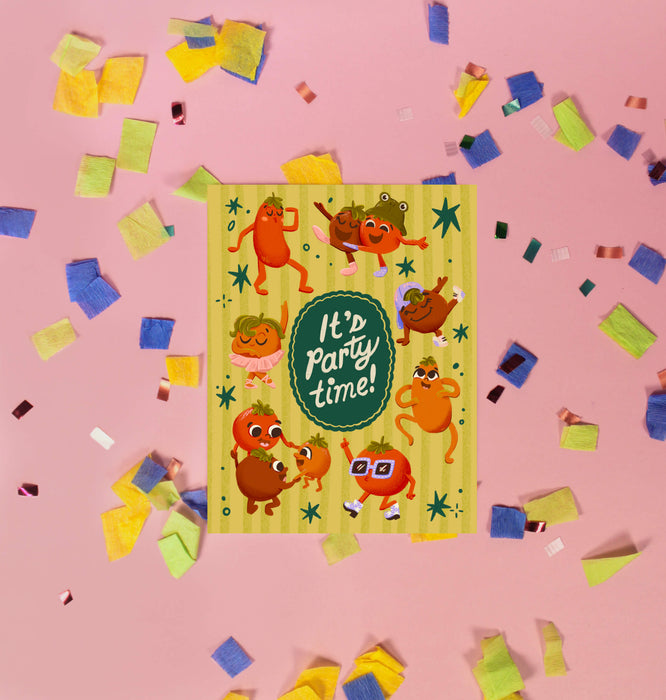 Greeting card with quirky illustrated tomatoes and 'It's Party Time!' text on a yellow background.