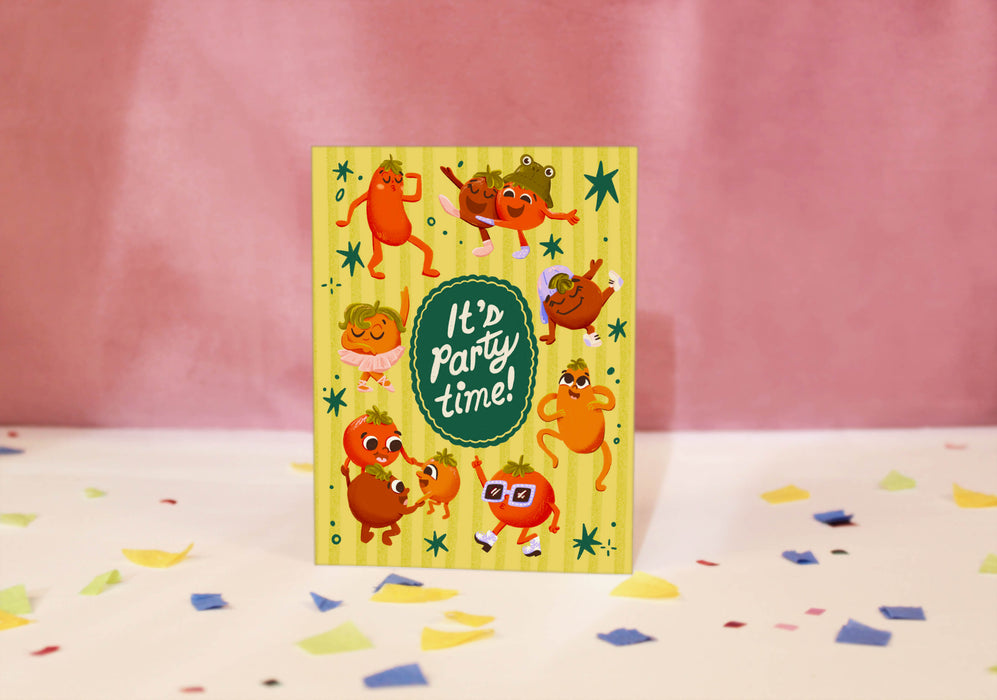 Greeting card with quirky illustrated tomatoes and 'It's Party Time!' text on a yellow background.