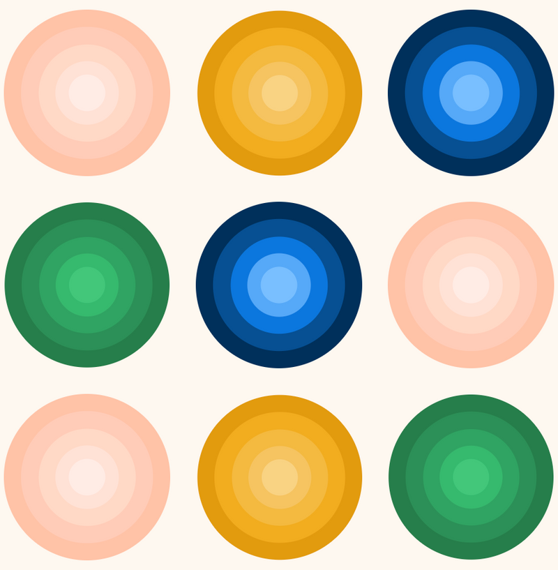 Nine circular color swatches in various colors on a white background
