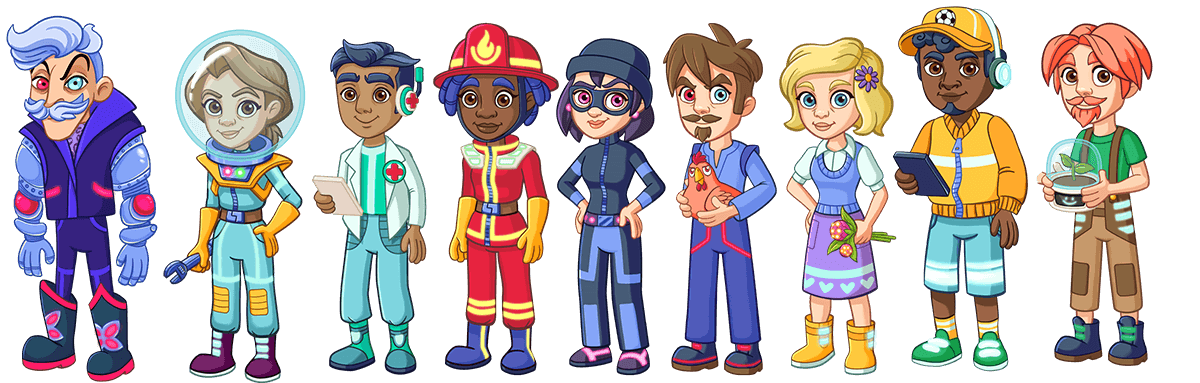 Row of animated characters in various costumes on a black background