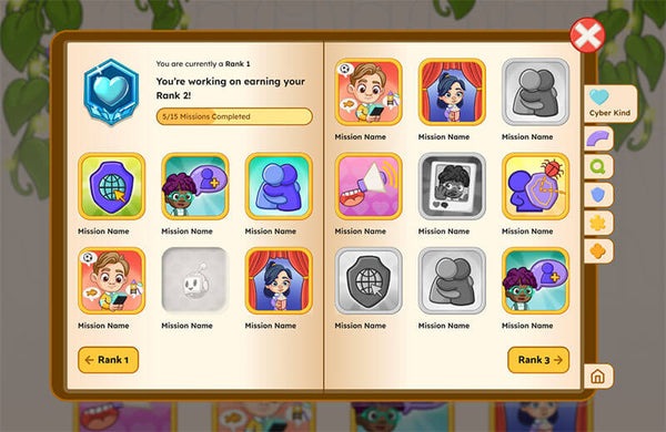 Game interface showing mission completions and rank progression with icons and text.