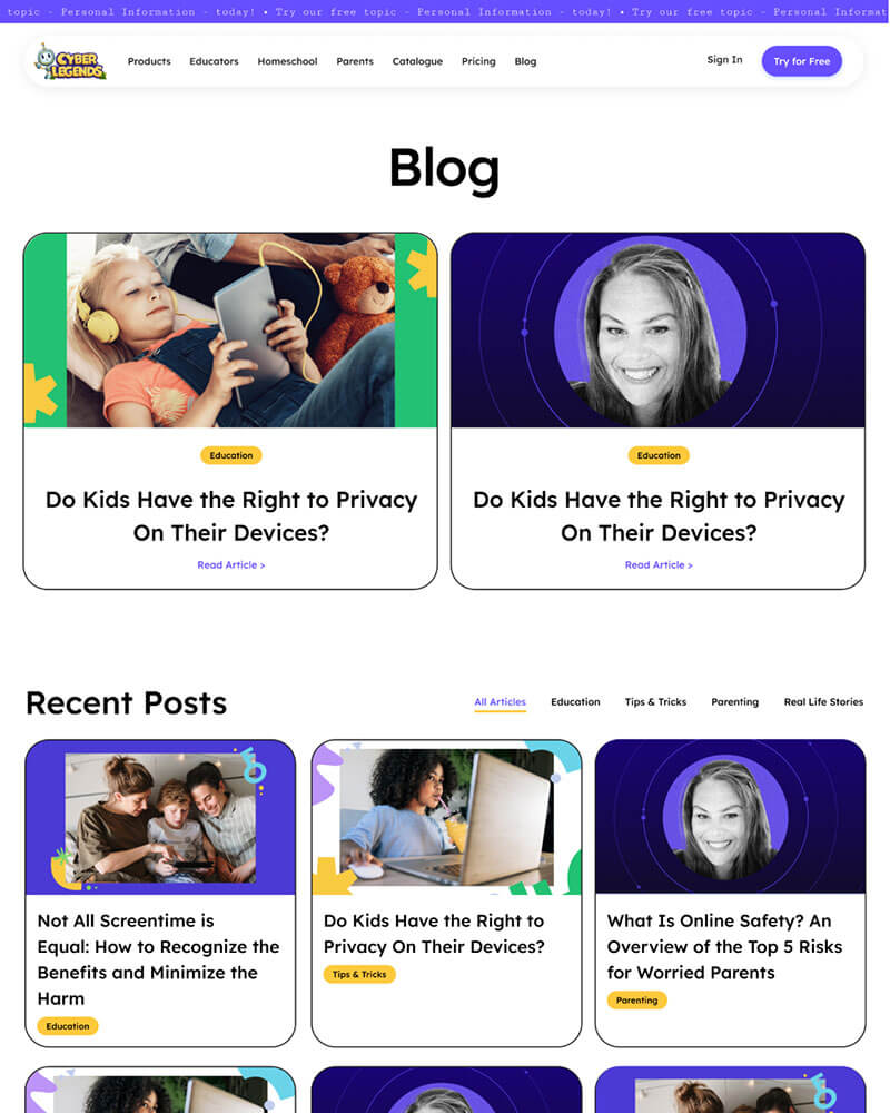 Website page with blog posts on privacy and online safety for children.
