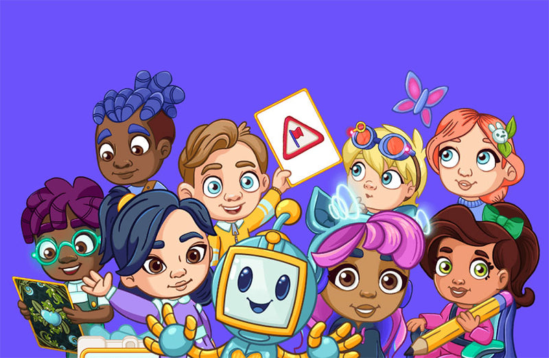 Cartoon characters with colorful hairstyles and outfits on a purple background