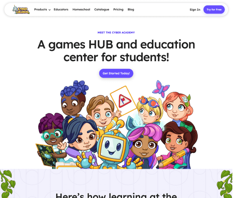 Website homepage for a educational platform with cartoon characters and text about a games hub and education center.