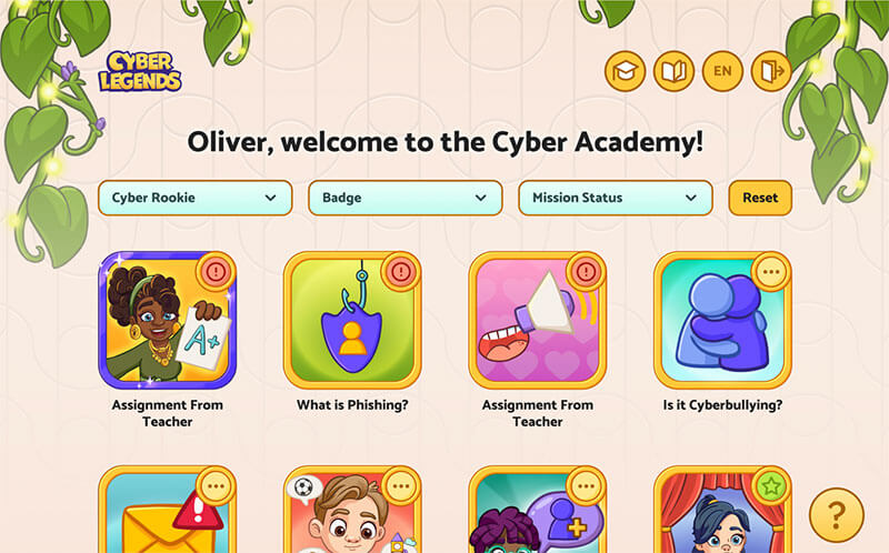 Welcome screen for a digital educational game titled 'Cyber Legends' with various educational icons.