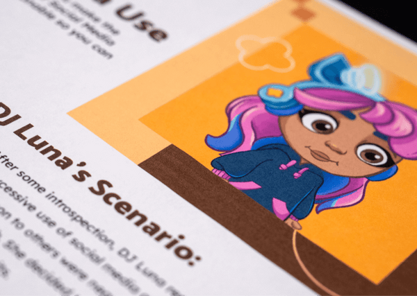 Educaitonal worksheet with a colorful illustration of a character named DJ Luna on an orange background.