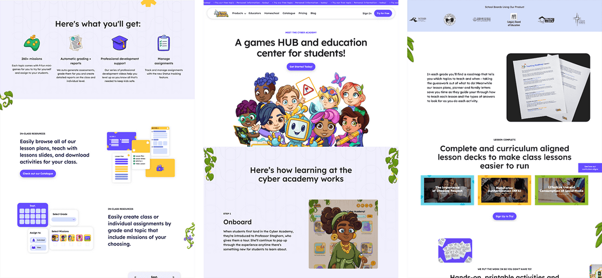 Website page for a games hub and education center for students with colorful characters and educational materials.