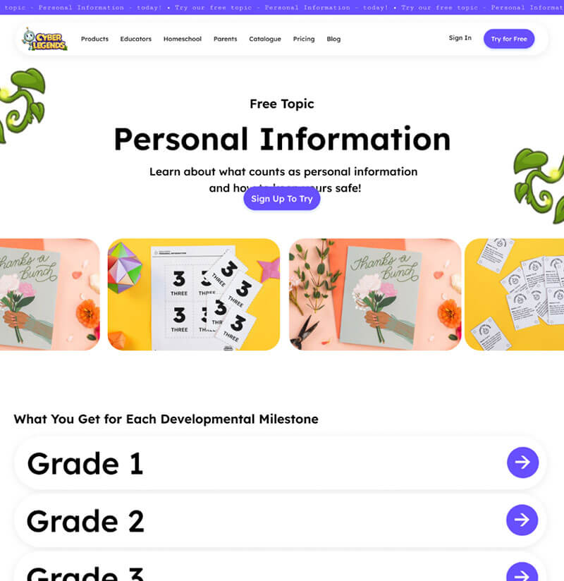 Educational website page about personal information for children with colorful graphics and text.