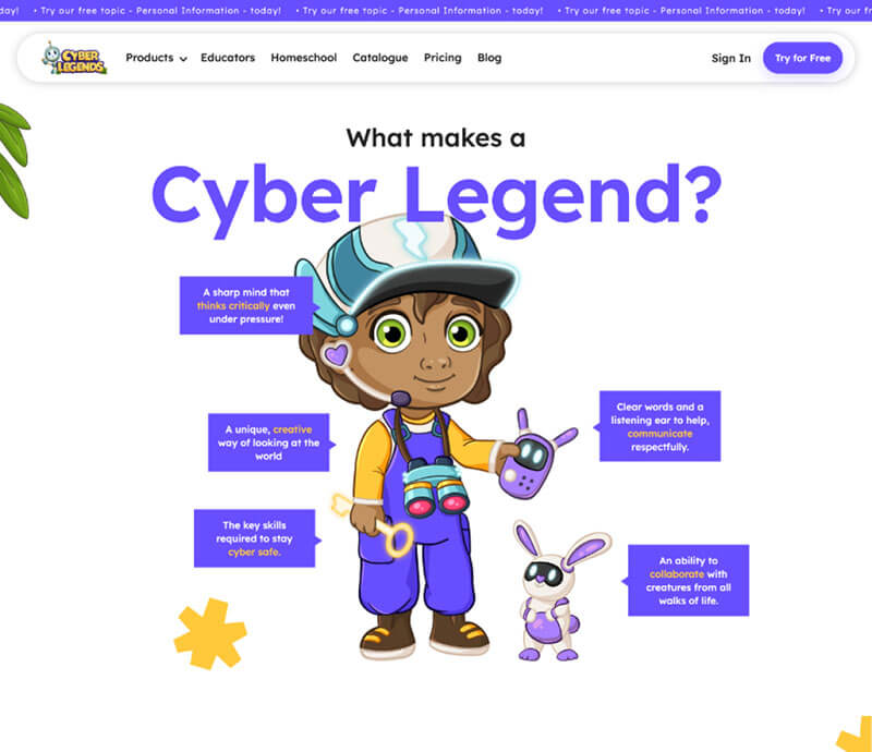 Website page with a character wearing different props with tooltips pointing to them, breaking down what makes a cyber legend.