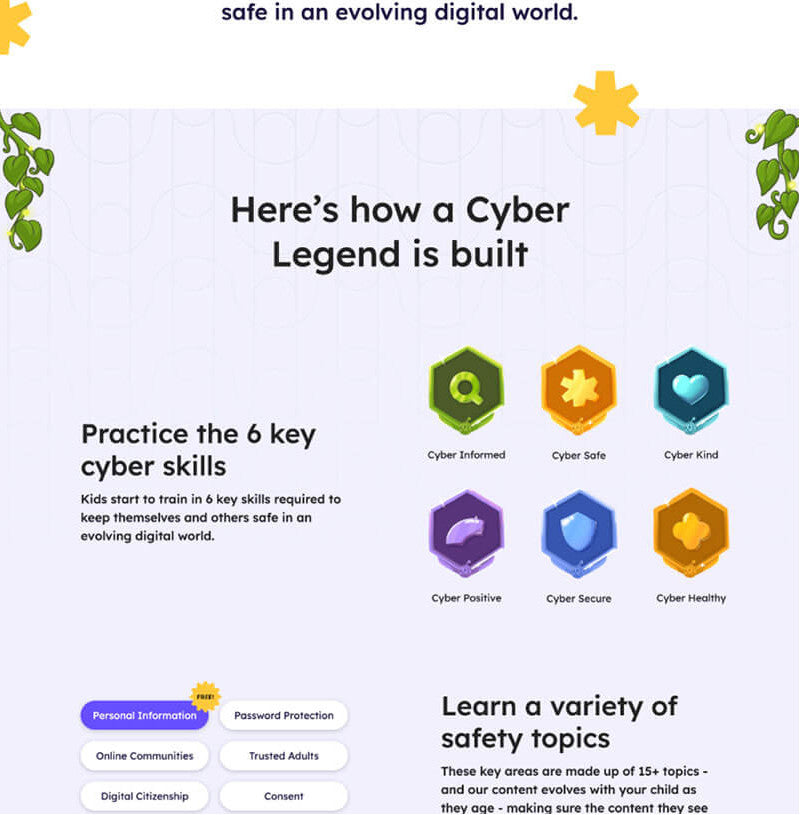 Lower part of a website showing two rows of 2 columns of content surrounded by colourful illustrations