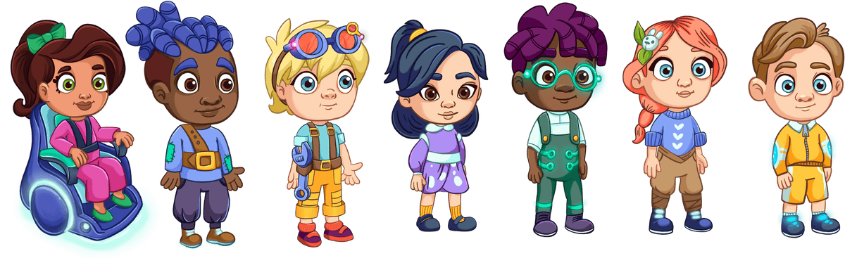 Row of cartoon children with diverse hairstyles and outfits on a black background