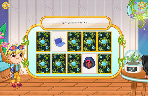 Game interface with character selection screen in a colorful room