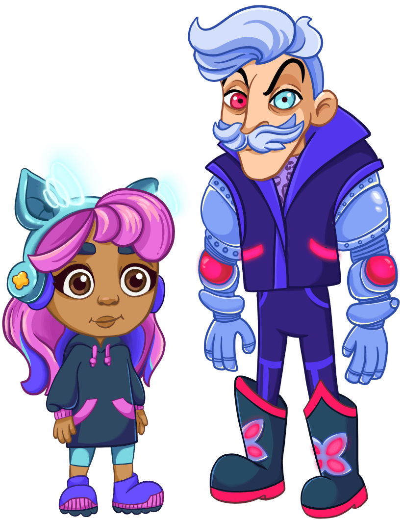 Protagonist and antagonist characters wearing colourful, futuristic outfits