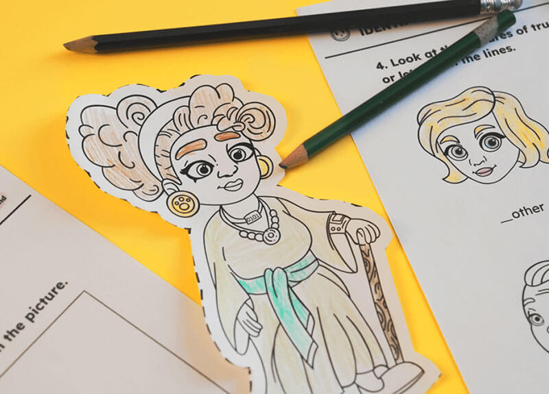 Coloring book page with a character and two pencils on a yellow background