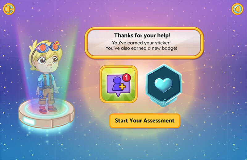 Game achievement screen with character, sticker, and badge on a colorful background