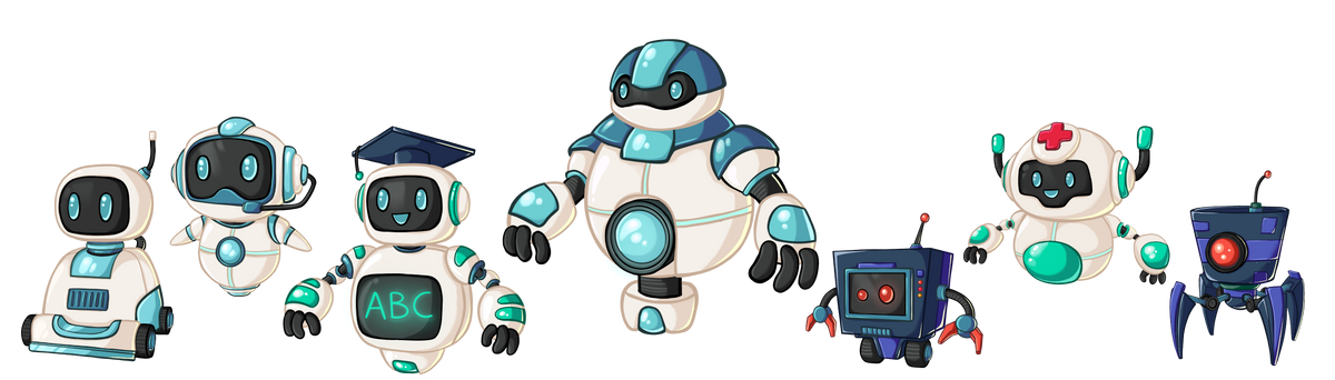 Set of illustrated robots with various designs on a white background
