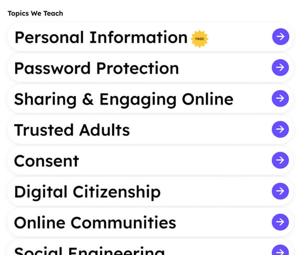 List of digital safety topics on a white background with purple arrows.