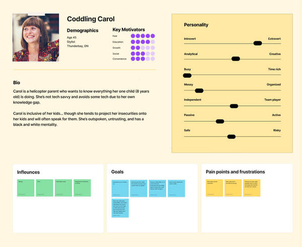 User persona template with details on demographics, key motivators, personality traits, influences, goals, and pain points.