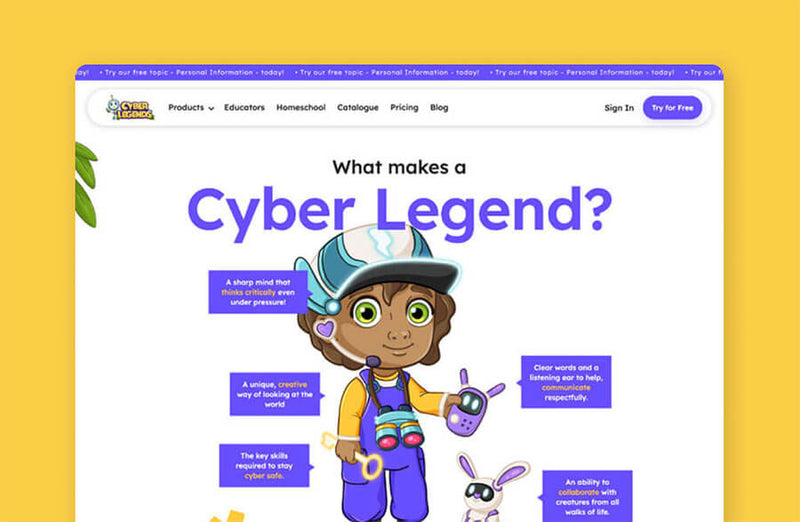 Website page with a character and text about 'Cyber Legend' on a yellow background