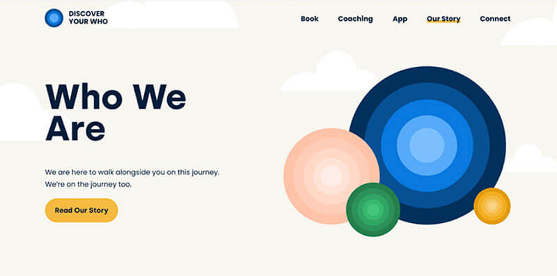 Website page with 'Who We Are' section and colorful circular graphics.