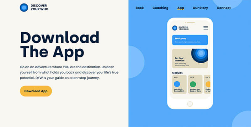 Promotional graphic for an app with a phone screen showing app interface on a blue and white background.