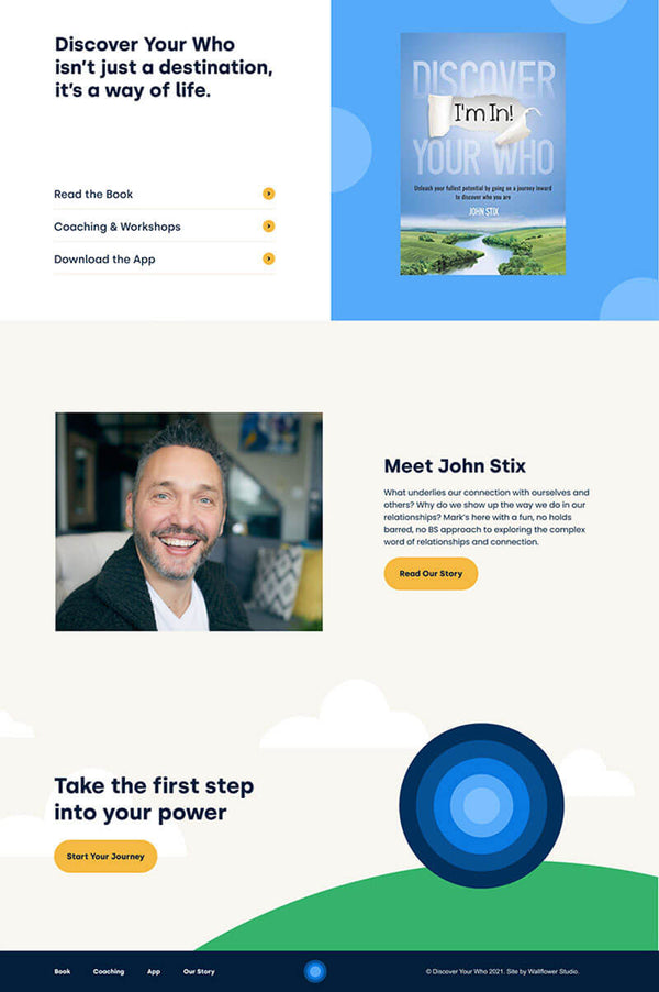Website page with a man smiling, text about discovering 'Your Who', and branding elements.