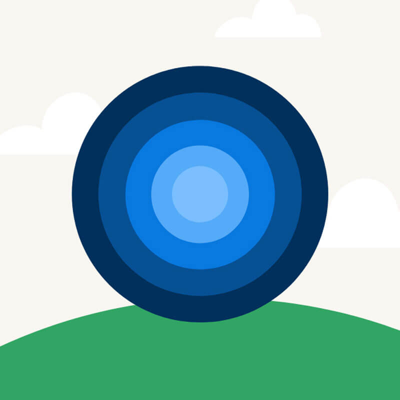 Blue circular design with concentric rings on a white background