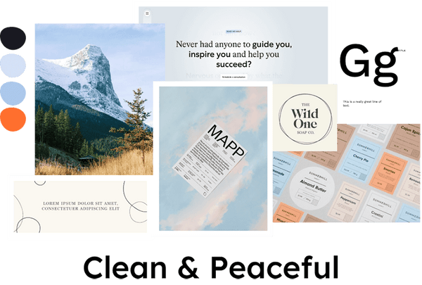 Clean & peaceful moodboard featuring various design elements including a mountain landscape, text quotes, and branding logos.