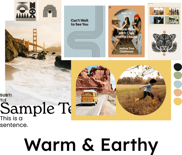Warm & Earthy moodboard of various images including a beach, road trip scene, and scenic views.