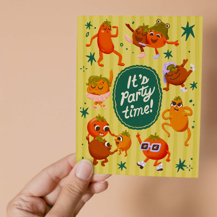 Greeting card with quirky illustrated tomatoes and 'It's Party Time!' text on a yellow background.