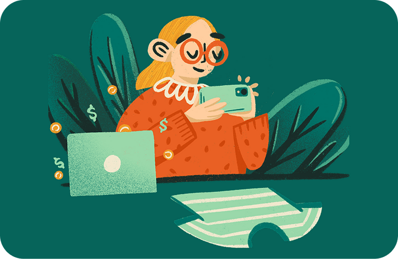 Illustration of a person sitting on the floor with a laptop and phone, surrounded by plants.