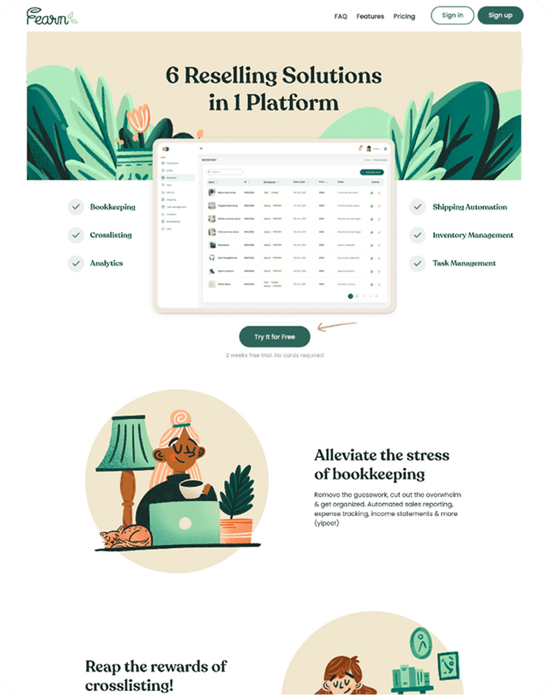 Website homepage with text '6 Reselling Solutions in 1 Platform' and a cartoon illustration of a cat using a laptop.