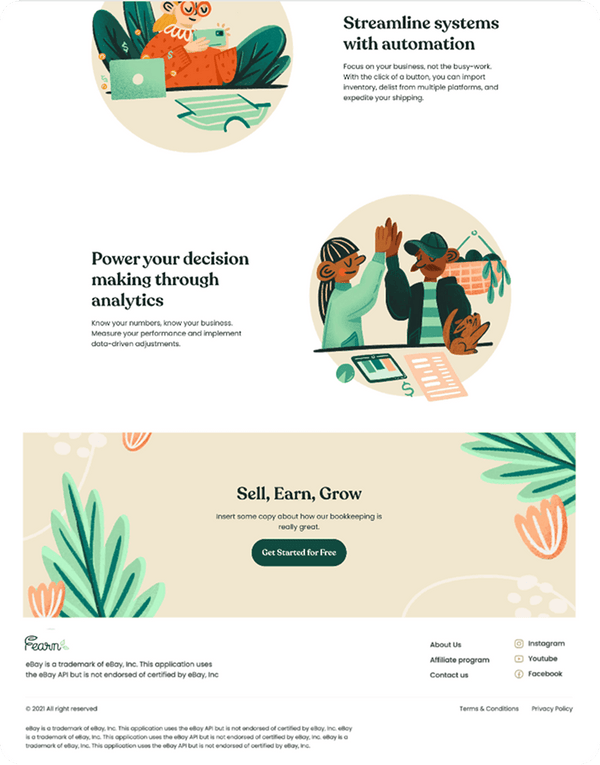 Website layout with illustrations and text on a white background