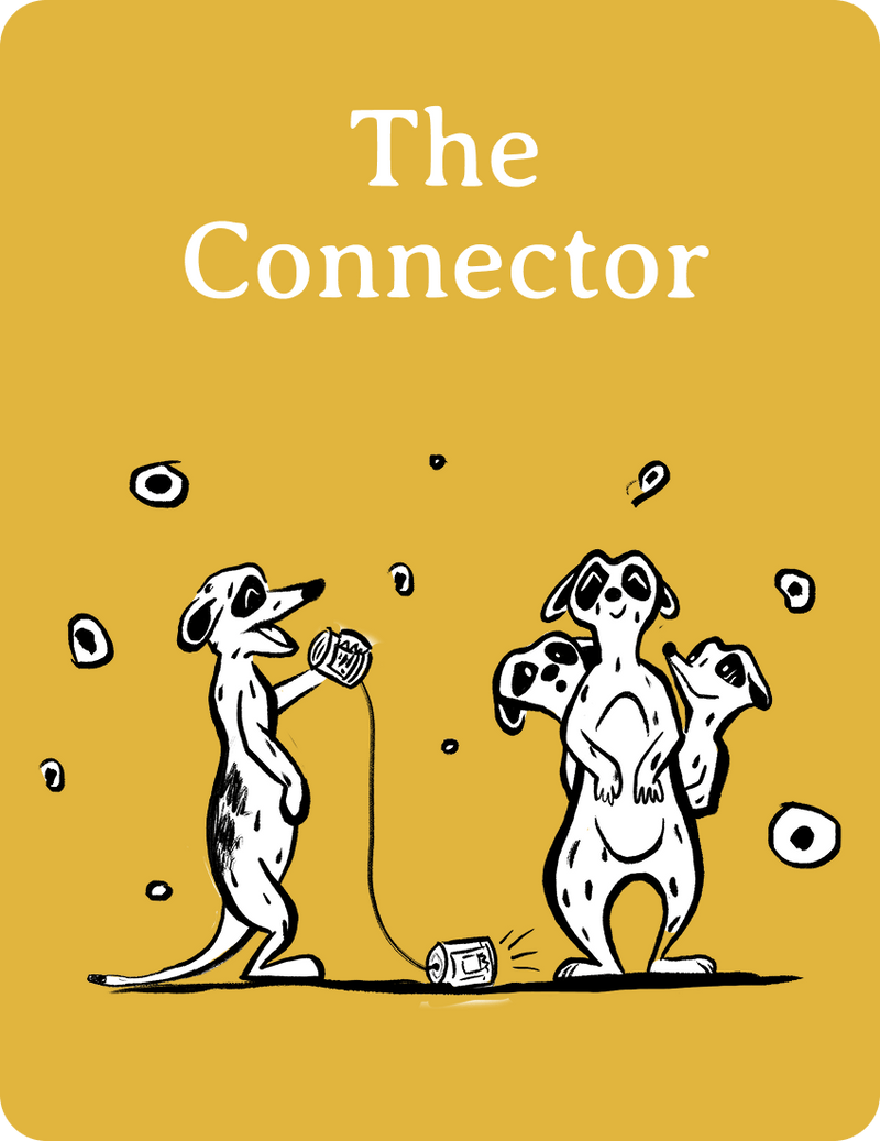 Book cover of 'The Connector' with cartoon meerkats on a yellow background