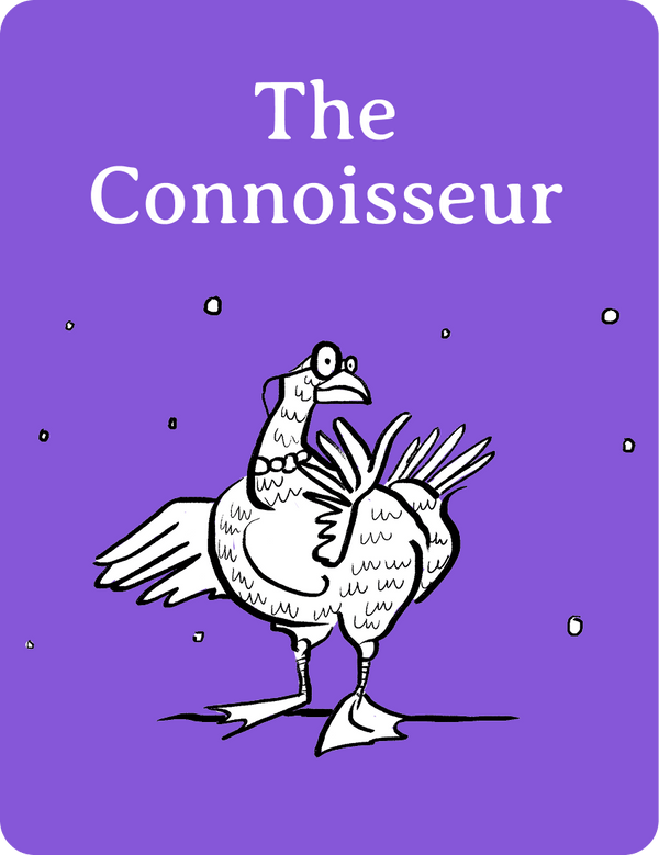 Purple book cover with a stylized rooster illustration and 'The Connoisseur' text.