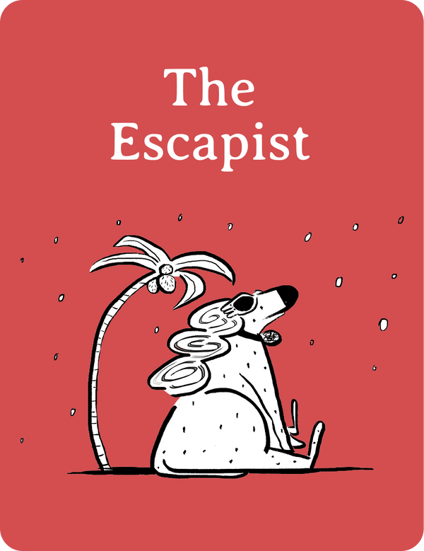 Book cover with a dog and palm tree illustration on a red background, featuring the text 'The Escapist'.