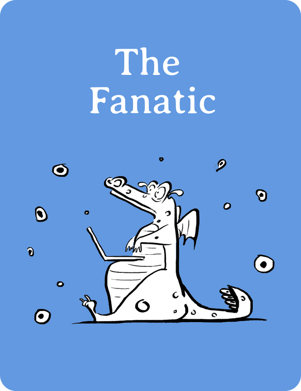 Illustration of a dragon using a laptop with 'The Fanatic' text on a blue background