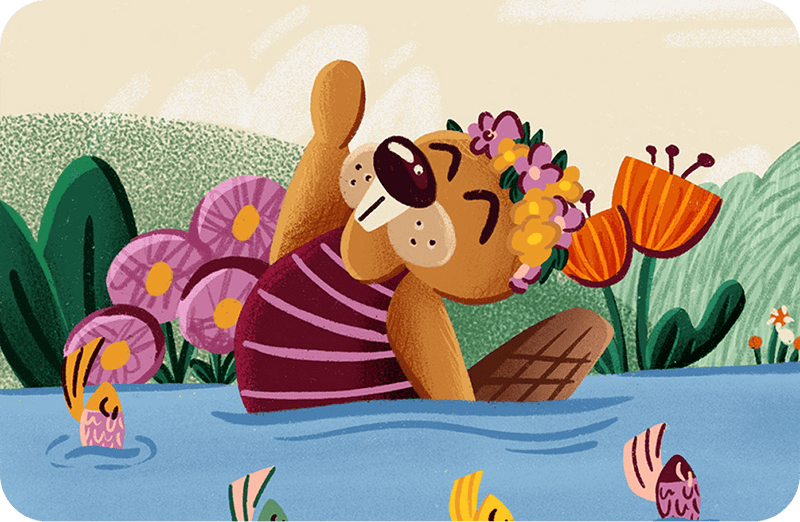 Cartoon beaver in a striped shirt bathing suit synchronized swimming with fish with flowers in a garden