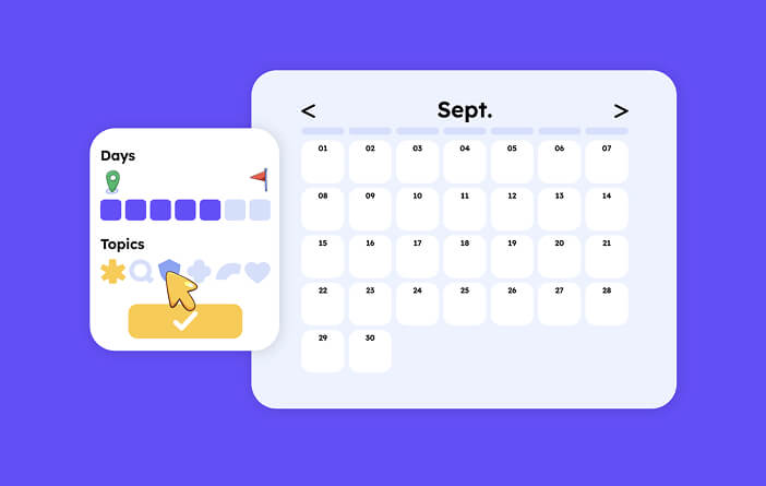 Calendar interface with date selection and topic tagging on a purple background