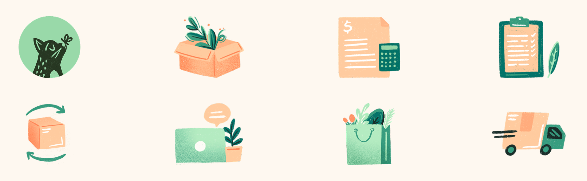 Set of various icons including a cat, box, plant, and more on a white background