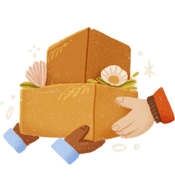 Illustration of a hand handing a brown box with plants to another set of hands on a transparent background