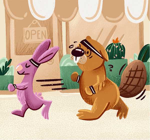 Illustration of a purple rabbit and brown beaver running in front of a store with an 'Open' sign.