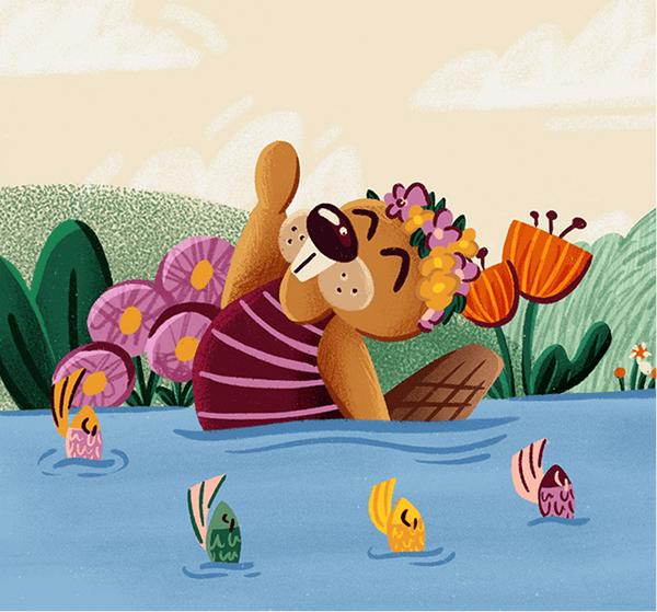 Cartoon beaver synchronized swimming in water with flowers and fish, colorful background