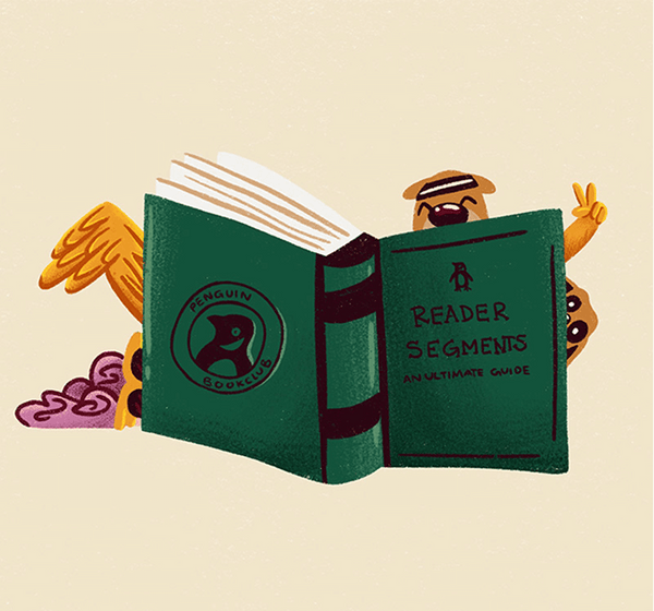 Illustration of a green book titled 'Reader Segments' held by cartoon characters on a beige background