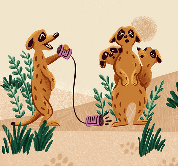 Illustration of a meerkat using a phone with two other meerkats in the background.