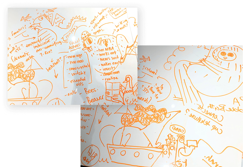Two sheets of paper with orange line art and text on a white background