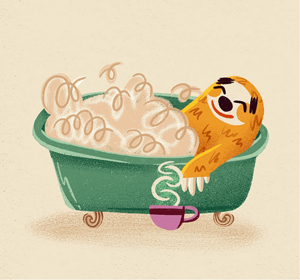 Illustration of a cartoon sloth taking a bath with bubbles in a green bathtub.