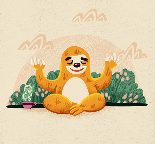 Illustration of a sloth sitting in a meditative pose with green foliage and mountains in the background.
