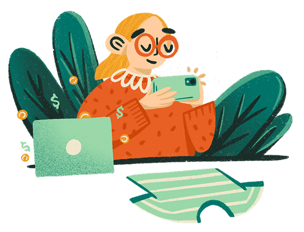 Illustration of a person sitting on the floor with a laptop and phone, surrounded by plants.