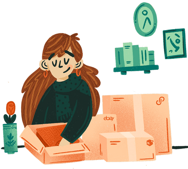 Illustration of a person opening a box with 'eBay' branding, surrounded by boxes and a plant.